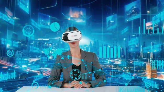 Mujer de negocios seleccionando la dispersión dinámica de datos de mercado por VR Contraption