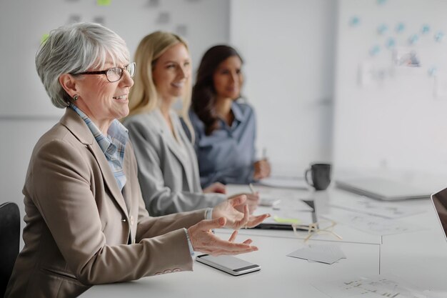 Mujer de negocios sénior dirigiendo una reunión de discusión con un grupo multirracial de colegas de trabajo sentados