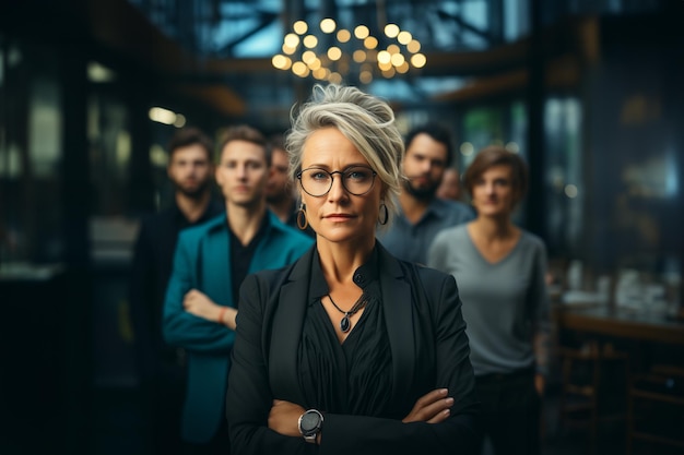 Mujer de negocios sénior con su equipo de trabajo