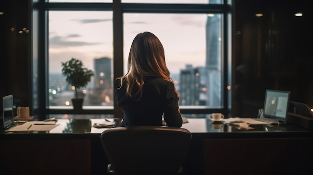 Una mujer de negocios sentada en la silla de su elegante oficina con una hermosa vista de la ciudad