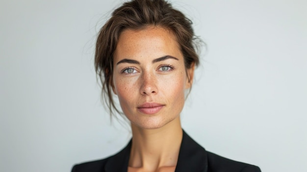 Foto mujer de negocios seria en elegante blazer negro mirando a la cámara con expresión decidida profesional y confiada concepto de actitud