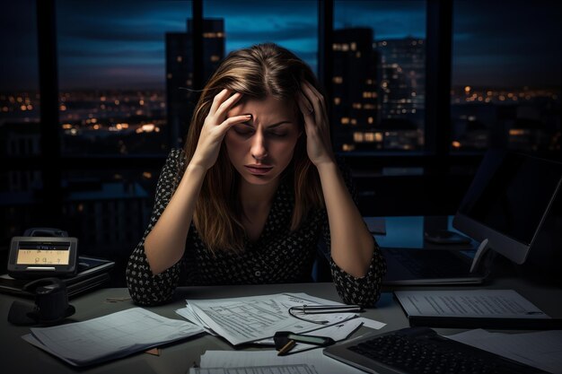 La mujer de negocios sobrecargada lucha con los cálculos y el cansancio