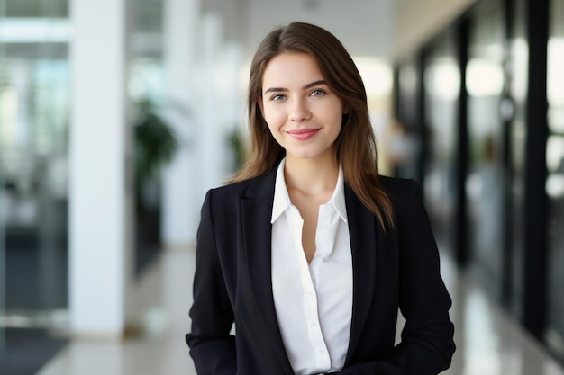 Mujer de negocios sonriendo mientras está de pie junto a las ventanas