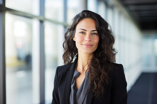 Mujer de negocios sonriendo mientras está de pie junto a las ventanas