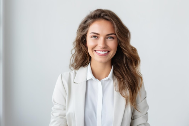 Mujer de negocios sonriendo mientras está de pie junto a las ventanas