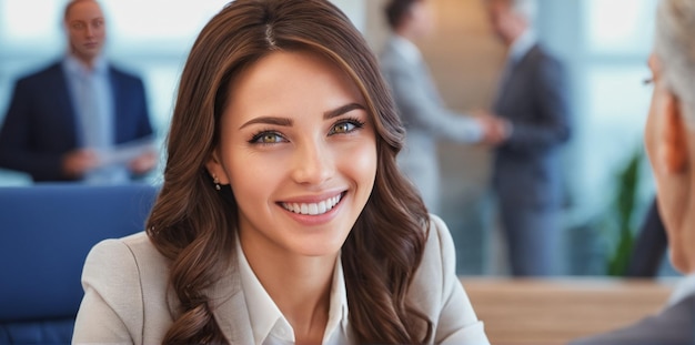 Foto una mujer de negocios sonriendo y sentada frente a un cliente