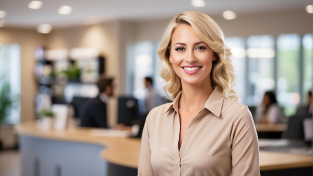 Una mujer de negocios sonriendo.