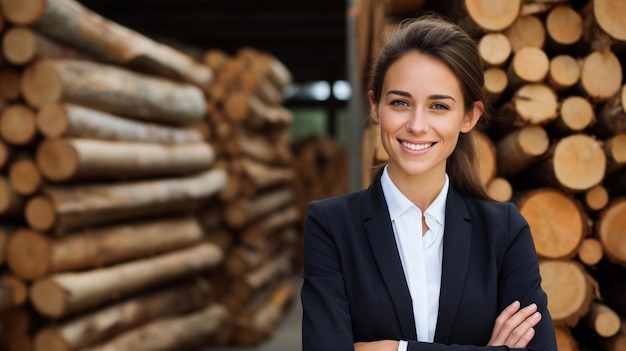 mujer de negocios sonriente con los brazos cruzados frente a la madera apilada