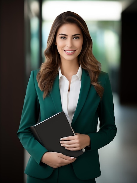 Una mujer de negocios sonriente con una carpeta en un elegante blazer verde en el interior