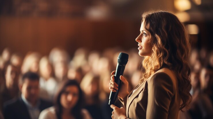 Una mujer de negocios sonriente dando un discurso de pie en la conferencia elegantemente vestida