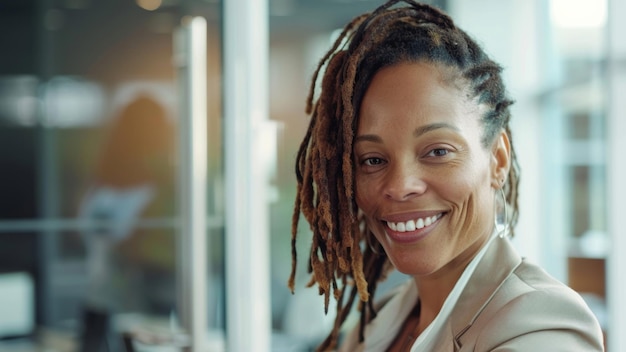 Una mujer de negocios sonriente con dreadlocks en un moderno entorno de oficina brillante