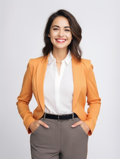 mujer de negocios sonriente para el equipo de un sitio web vista por encima del fondo blanco de la cintura