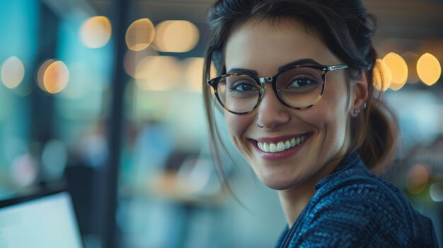 Una mujer de negocios sonriente con gafas