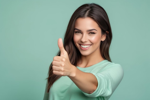 Una mujer de negocios sonriente guiñando el ojo y mostrando los pulgares hacia la cámara