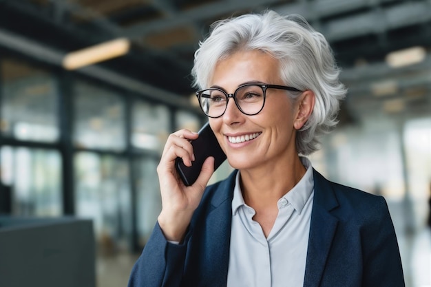 Una mujer de negocios sonriente hablando por teléfono en la oficina