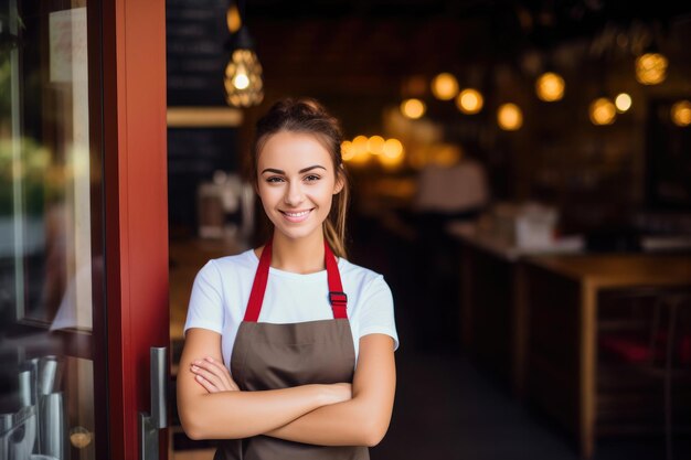 Una mujer de negocios sonriente invitando a los clientes al restaurante