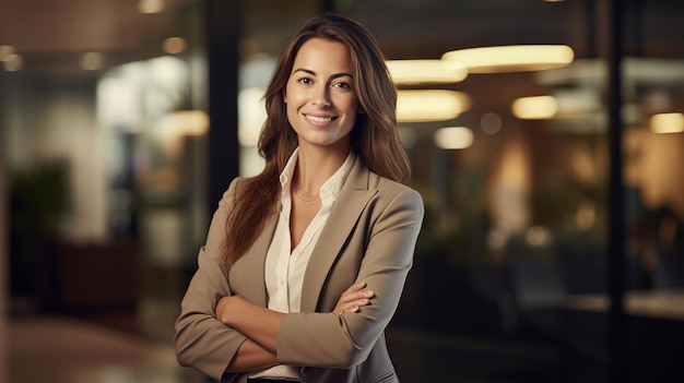 Una mujer de negocios sonriente en una oficina moderna, vista frontal durante el día