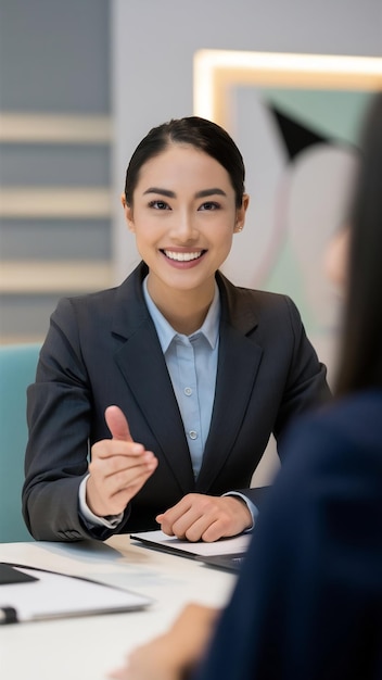 Foto mujer de negocios sonriente profesional o pasante mirando a la cámara en una reunión