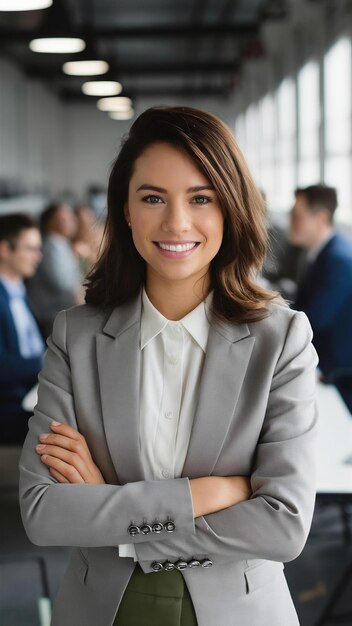 Foto mujer de negocios sonriente profesional o pasante mirando a la cámara en una reunión