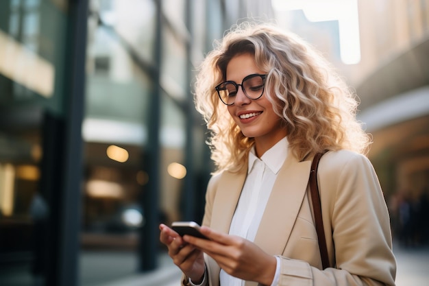 Mujer de negocios sonriente con ropa de moda usando un teléfono inteligente que viaja al trabajo en la ciudad Generado por IA