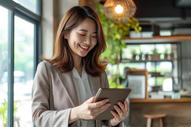 mujer de negocios sonriente sosteniendo una tableta en la oficina