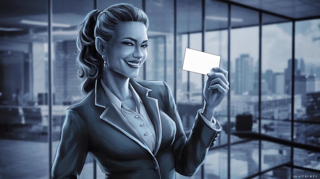 Una mujer de negocios sonriente con una tarjeta de visita en blanco