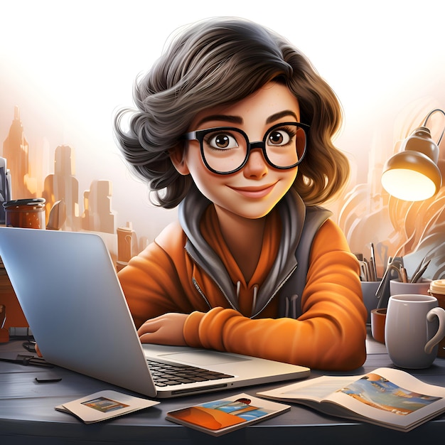 Mujer de negocios sonriente trabajando en una computadora portátil en la oficina de renderización 3D