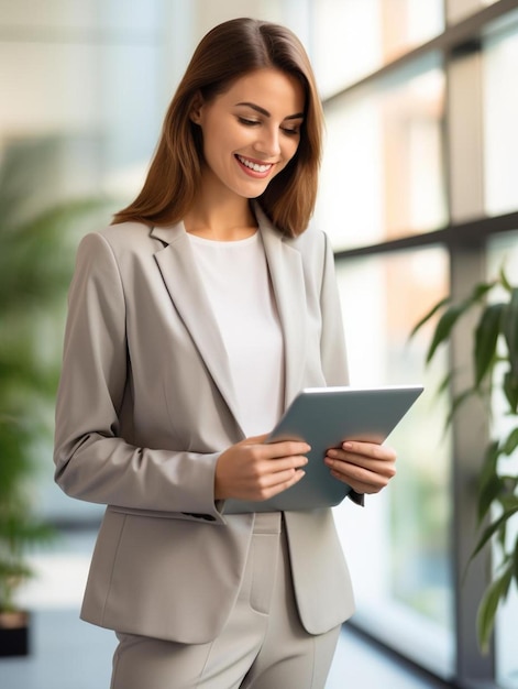 Foto mujer de negocios sonriente usando una tableta en la oficina