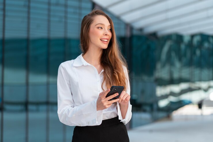 Una mujer de negocios sonriente usando un teléfono inteligente frente a un edificio de oficinas