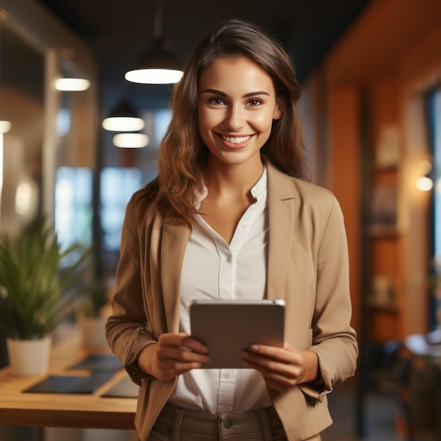 Mujer de negocios sonriente vestida informal usando una tableta y parada en la oficina