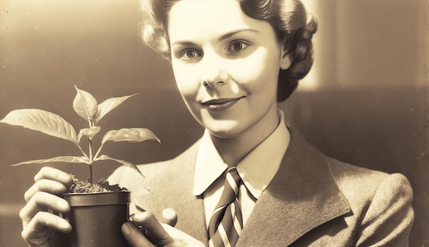 Foto mujer de negocios sosteniendo un brote de planta foto vieja
