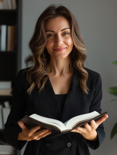 Mujer de negocios sostiene un libro abierto