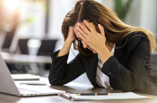 Una mujer de negocios sostiene su cabeza sobre un escritorio en frustración sintiéndose abrumada por el estrés del trabajo tema del día del trabajo