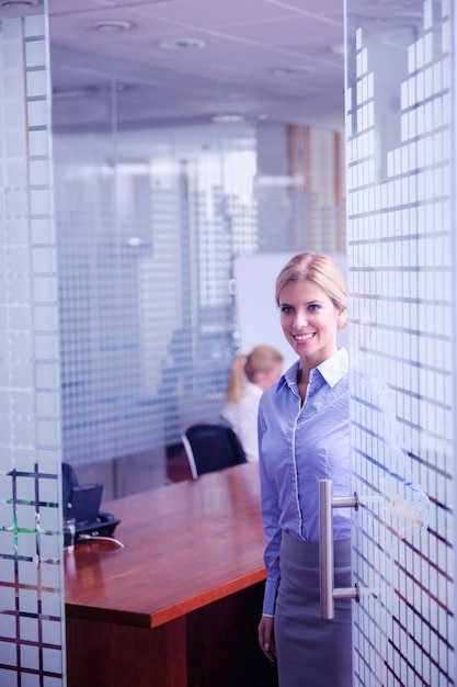 mujer de negocios con su personal, grupo de personas en segundo plano en una oficina moderna y luminosa en el interior