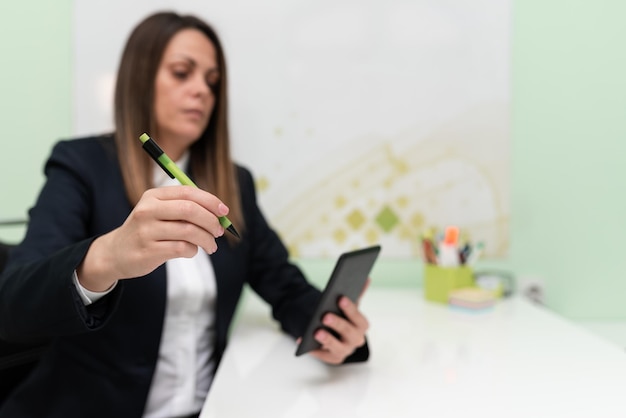 Mujer de negocios con tableta en el escritorio y señalando ideas importantes con lápiz Mujer con teléfono mostrando actualizaciones recientes Ejecutiva mostrando noticias de última hora