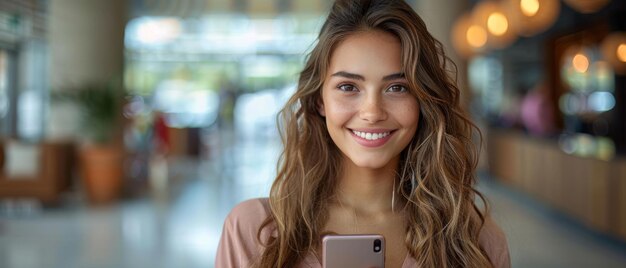 Mujer de negocios con teléfono celular en una oficina moderna usando aplicaciones móviles dispositivo de tecnología celular mirando el celular