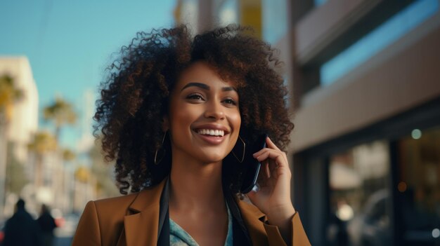 Mujer de negocios en el teléfono en la ciudad IA generativa