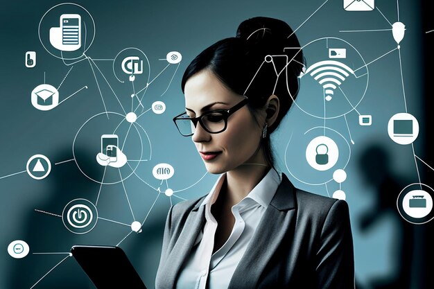 Mujer de negocios con teléfono e íconos de IOT smart_devices AI Generado