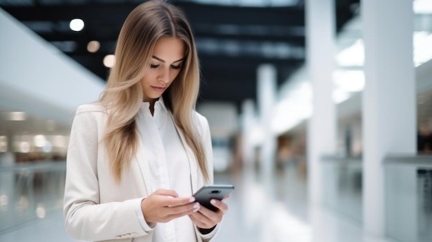 Mujer de negocios, teléfono inteligente, en, blanco, borroso, oficina, espacio interior, plano de fondo