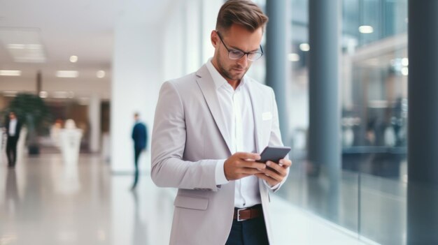 Mujer de negocios, teléfono inteligente, en, blanco, borroso, oficina, espacio interior, plano de fondo