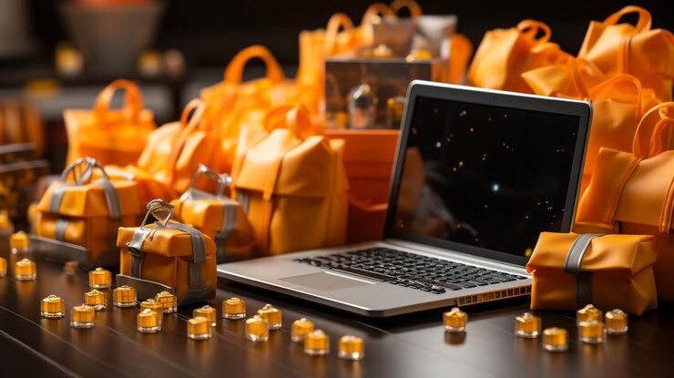Foto mujer de negocios con teléfono y portátil usando el concepto de compras en línea