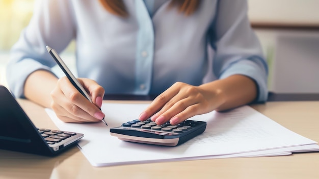 Mujer de negocios trabajando con calculadora concepto de contador de impuestos vista superior centrarse en la luz del día de la mano.