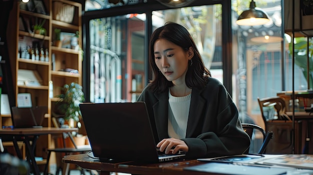 Foto mujer de negocios trabajando en una computadora portátil dentro de una cafetería