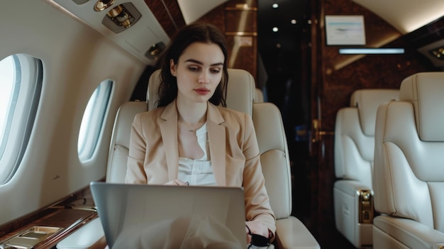 Mujer de negocios trabajando en una computadora portátil en un jet privado