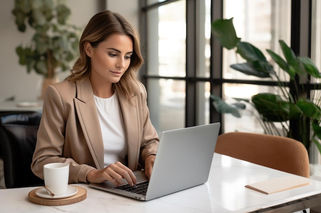 mujer de negocios trabajando en una computadora portátil en la oficina Espacio de copia Espacio libre