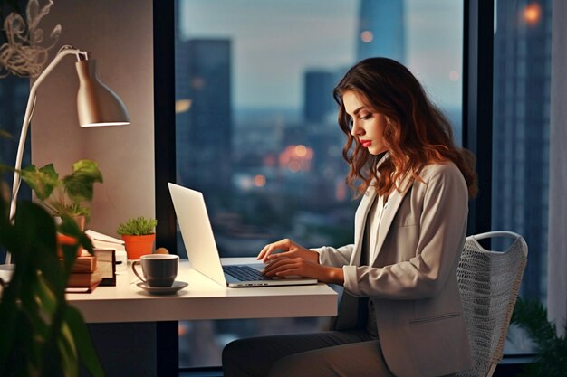 mujer de negocios trabajando en una computadora portátil en la oficina