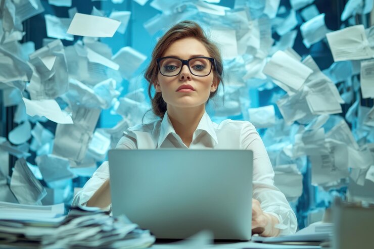 Mujer de negocios trabajando con una computadora portátil y volando documentos en la oficina por la noche