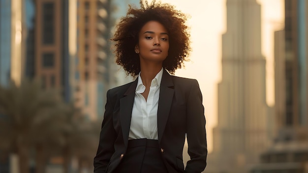 Mujer de negocios con traje y cabello rizado paseando empoderada por el distrito financiero de negocios