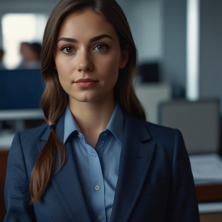 Mujer de negocios con traje de negocios azul oscuro