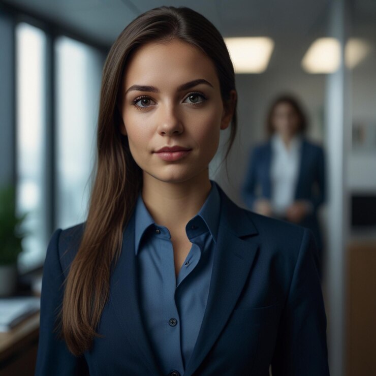 Mujer de negocios con traje de negocios azul oscuro